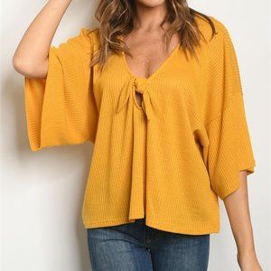 WAFFLE KNIT TIE FRONT TOP